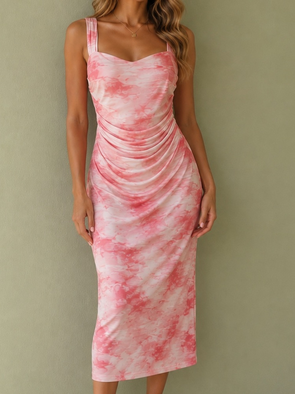 Chicwish Ruched Pink Tie-Dye Midi Dress